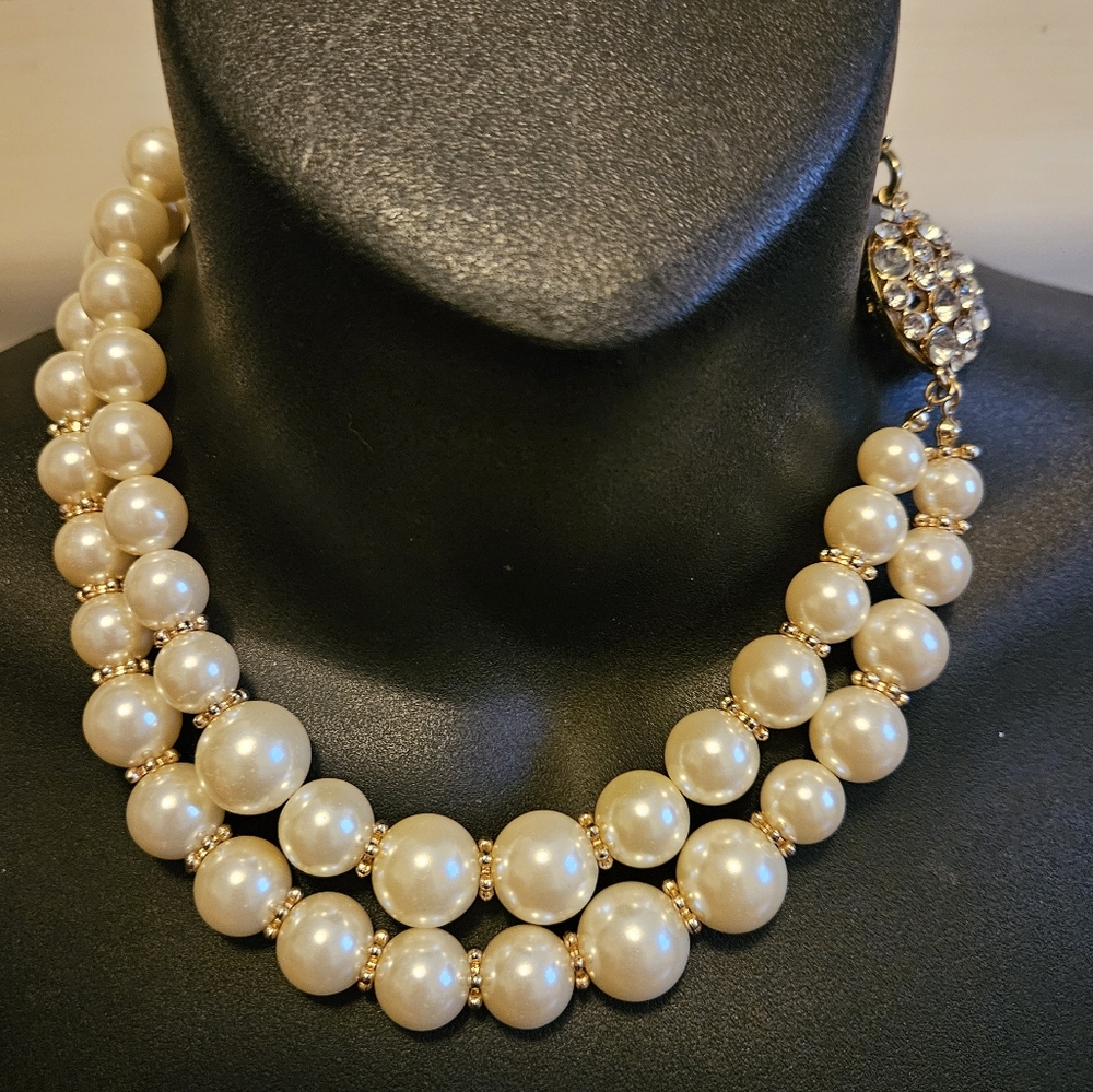 Vintage Double Strand Faux Pearls with Rhinestone Round Closure Accent.. Peak